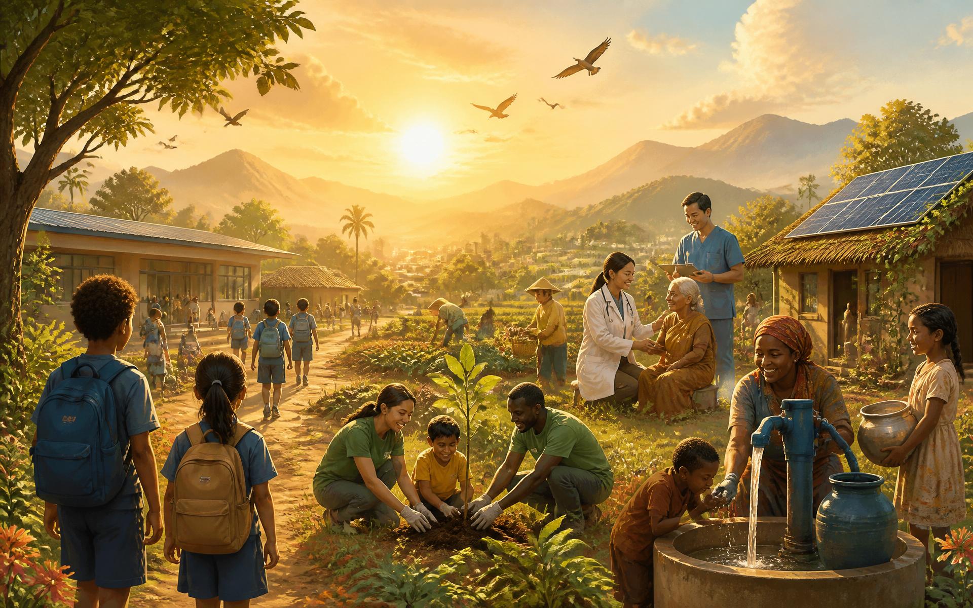 A global community coming together — children going to school, volunteers planting trees, doctors caring, families receiving clean water under a warm sunrise.